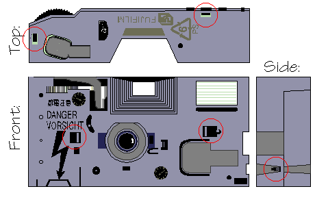 3-view diagram of camera, showing all front-piece latches